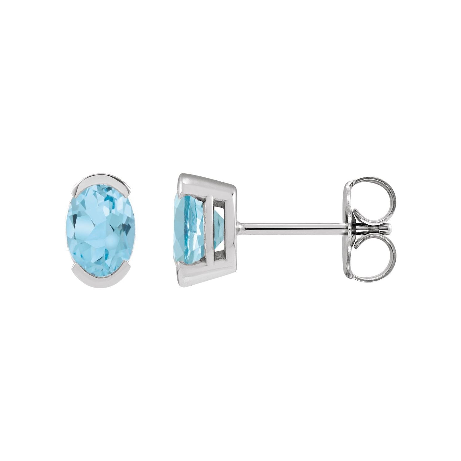 14K White Gold half-bezel oval Sky blue topaz stud earrings