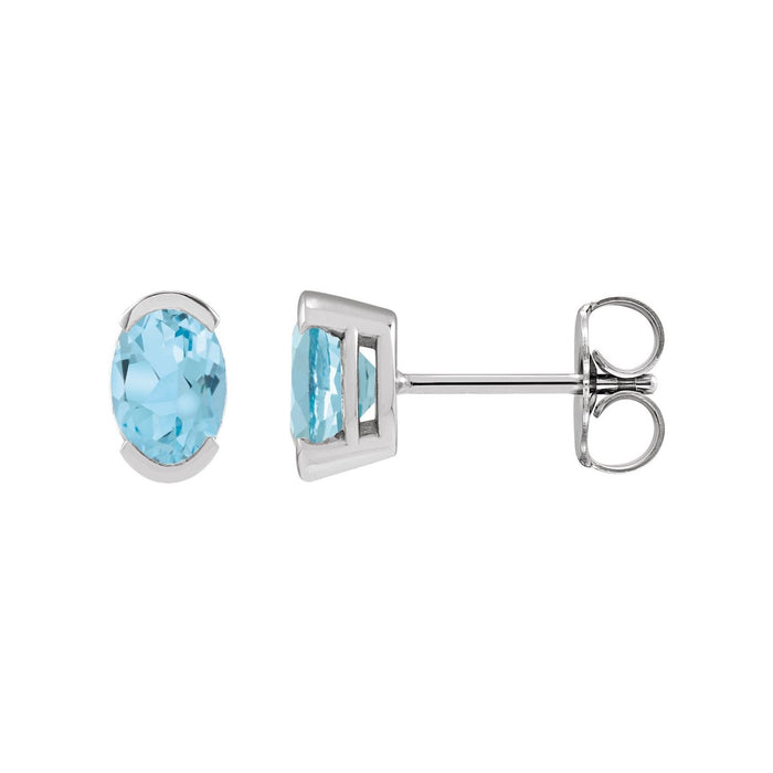14K White Gold half-bezel oval Sky blue topaz stud earrings