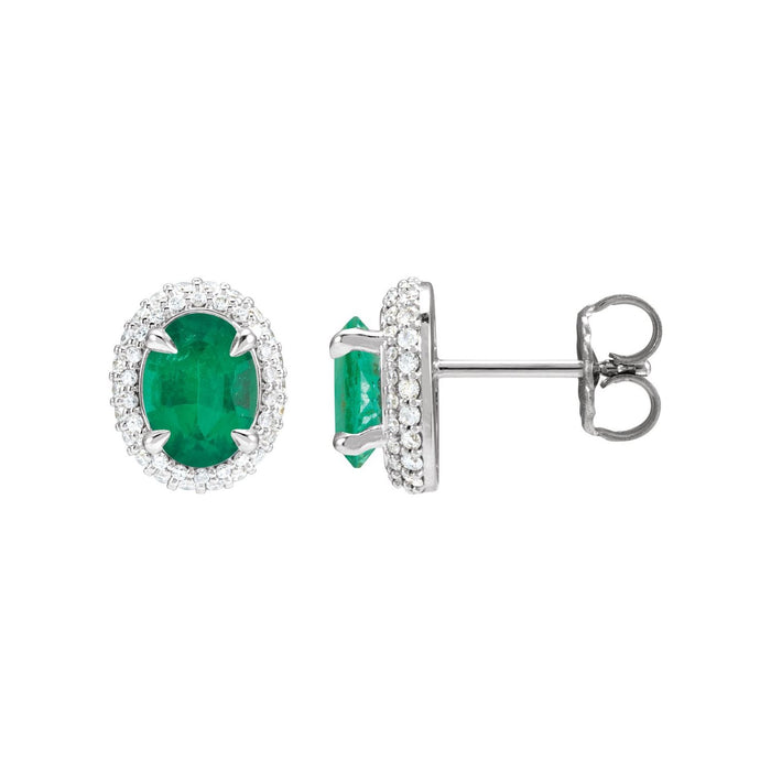 14K White Gold lab-grown emerald oval double halo earrings