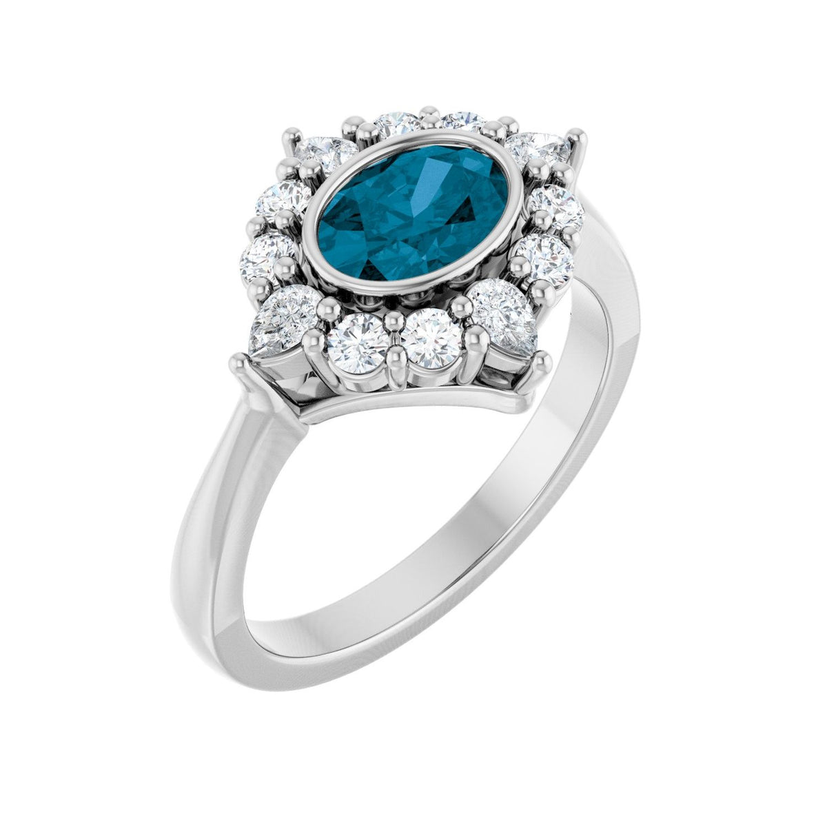 London Blue Topaz Oval Diamond Halo Ring (3/8 ctw) in 14K White Gold