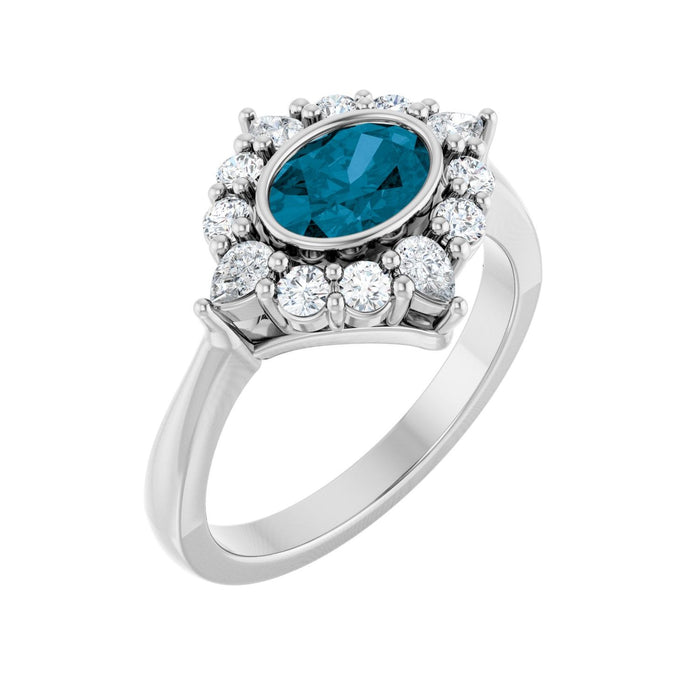 London Blue Topaz Oval Diamond Halo Ring (3/8 ctw) in 14K White Gold