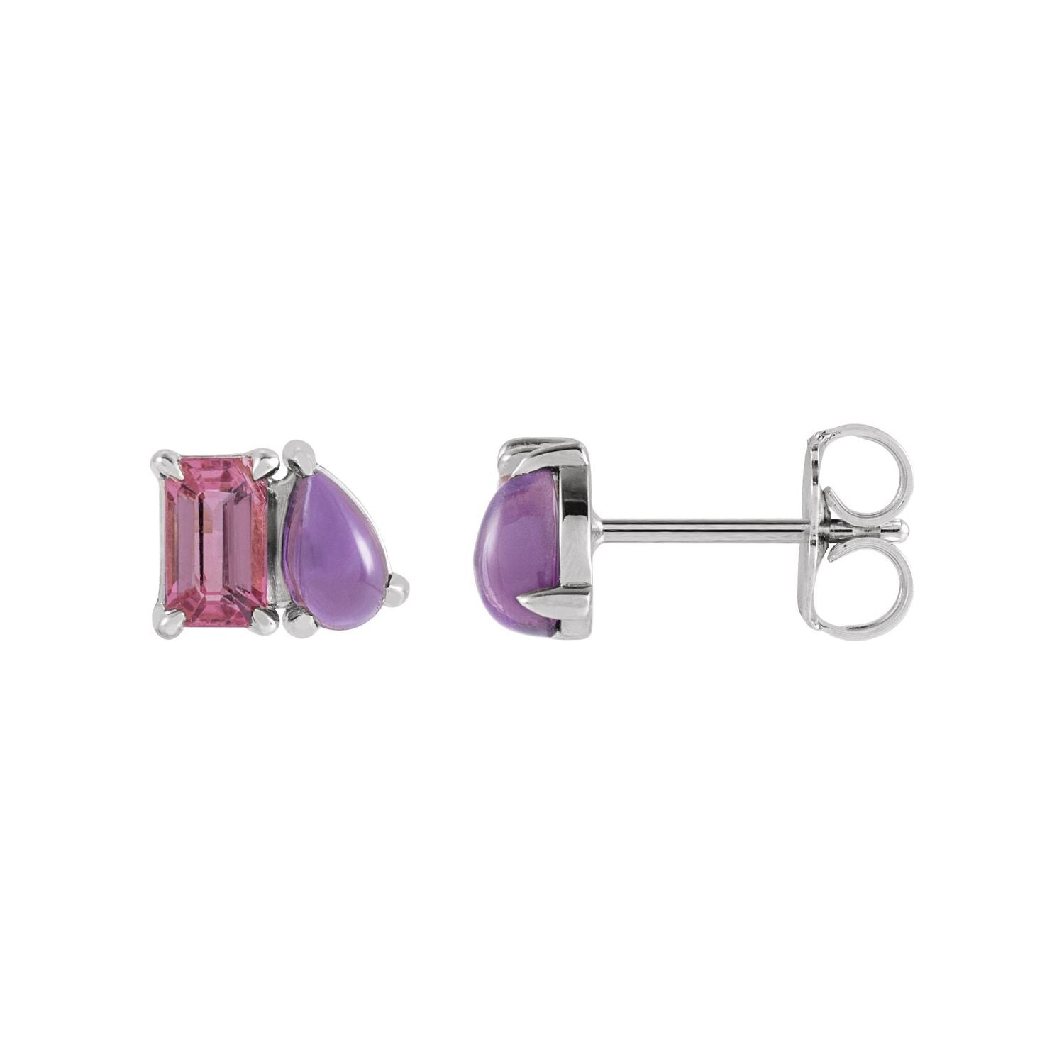 14K White Gold natural amethyst and pink tourmaline two-stone stud earrings