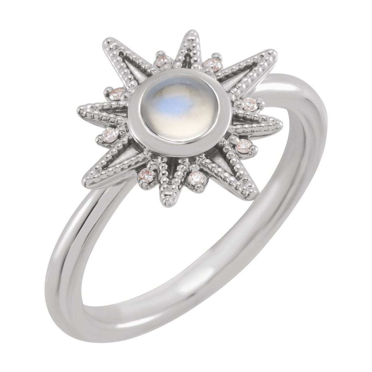 Rainbow Moonstone & Diamond Star Ring in 14K White Gold - natural rainbow moonstone