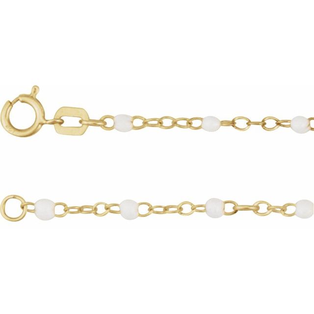 2mm white enamel bead adjustable chain necklace in 14k yellow gold, 6-7" adjustable