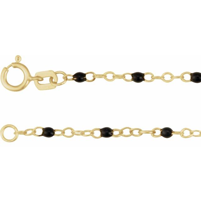 2mm black enamel bead adjustable chain necklace in 14k yellow gold, 9-10" adjustable