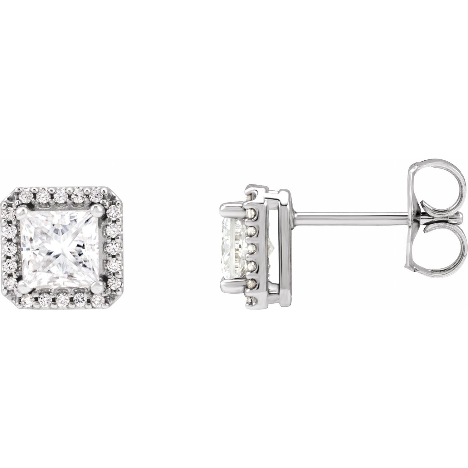 14K White Gold princess diamond halo stud earrings