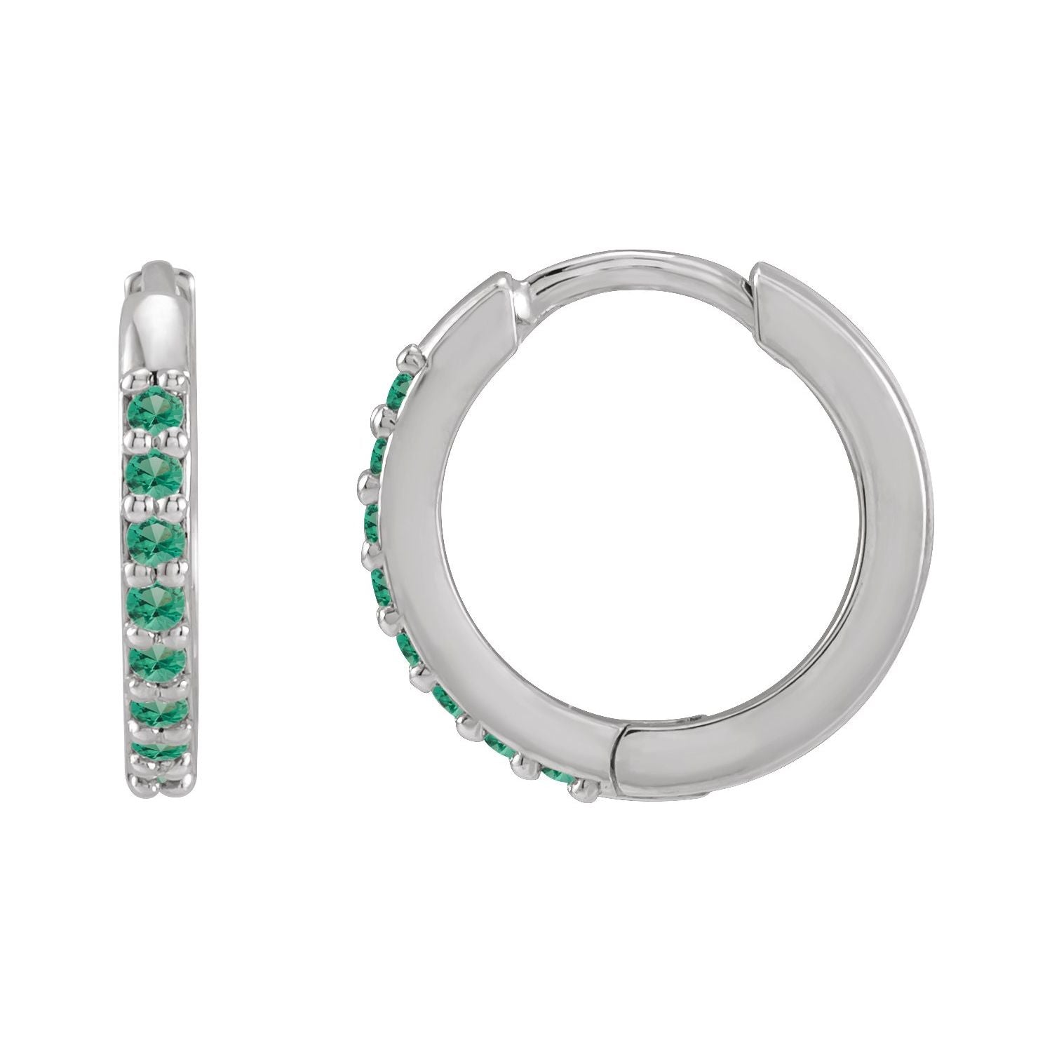 14K White Gold round lab-grown emerald huggie earrings