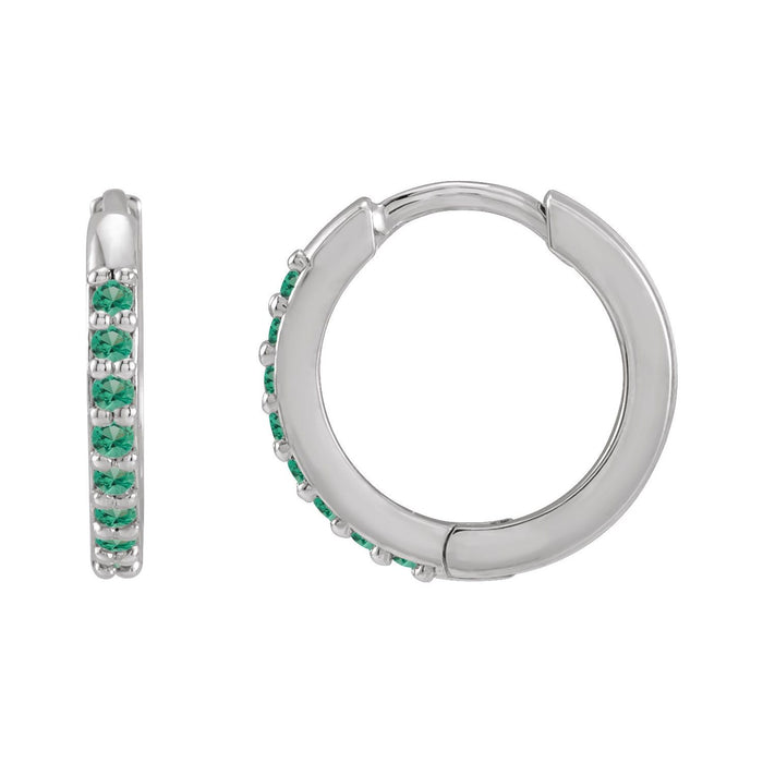 14K White Gold round lab-grown emerald huggie earrings