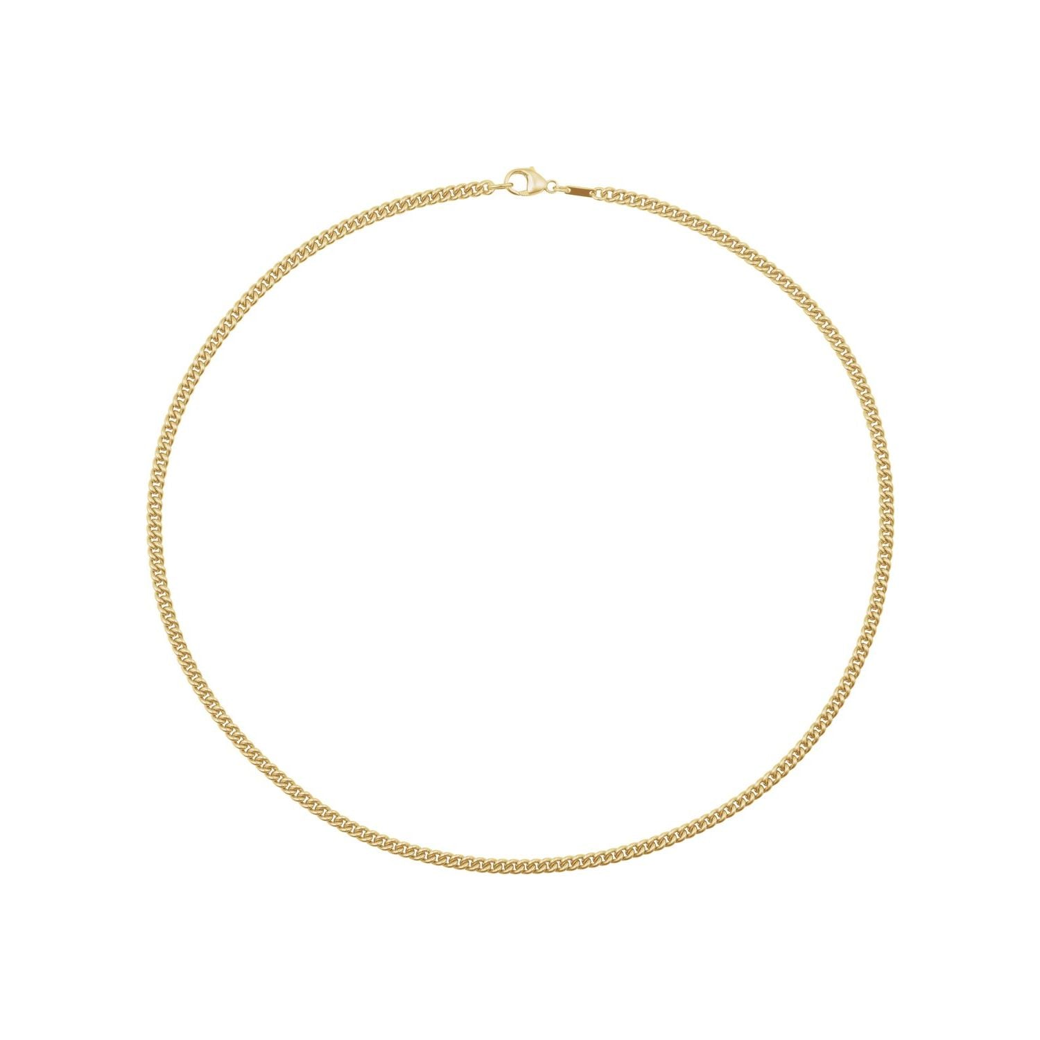 14K Yellow Gold 3.4 mm curb chain necklace, full length shown with the lobster clasp at the top