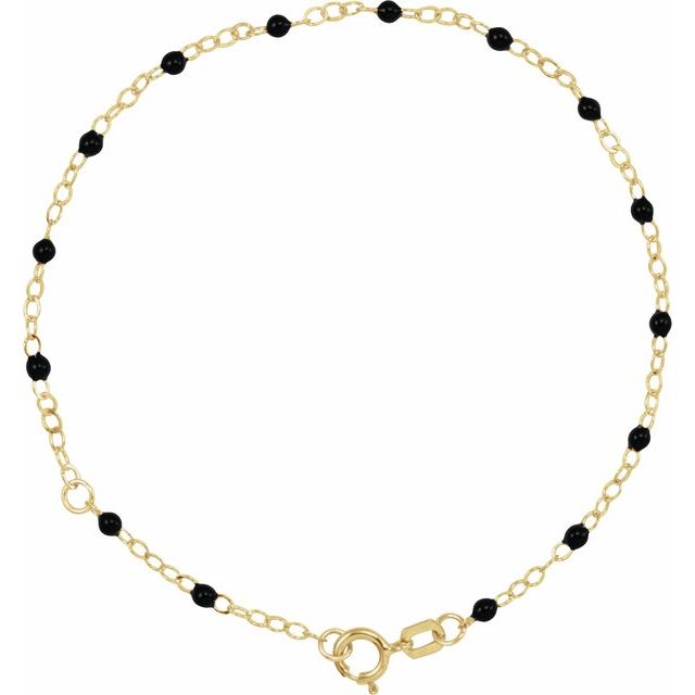 2mm black enamel bead adjustable chain necklace in 14k yellow gold, 6-7" adjustable