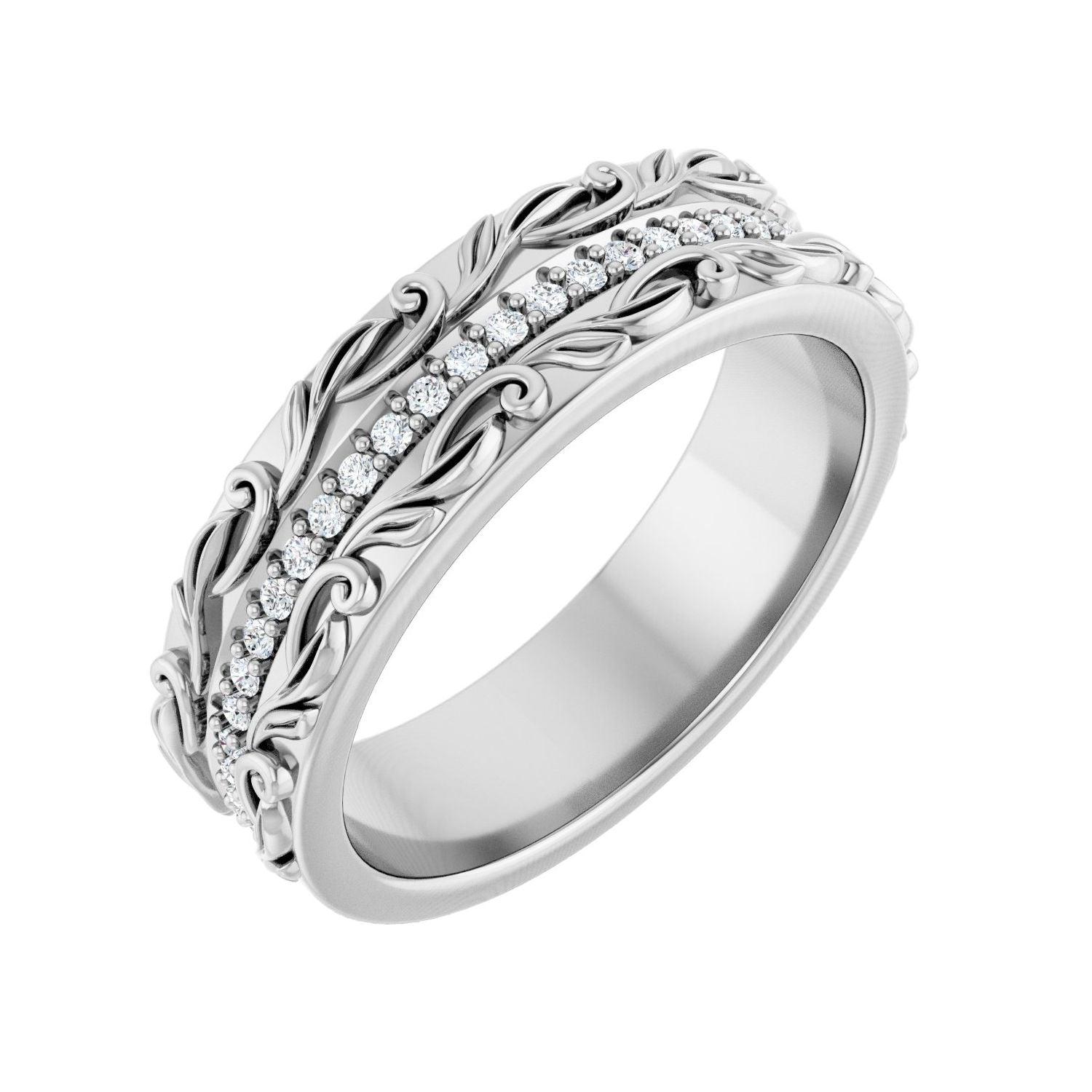 White Gold pierced scrollwork men's diamond wedding band, 0.25 ctw lab-grown round diamonds