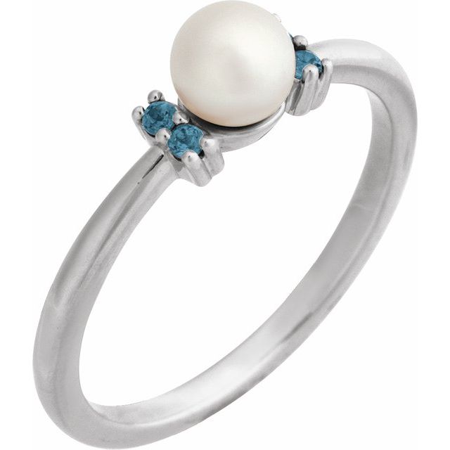 cultured pearl & pink tourmaline ring in 14k white gold