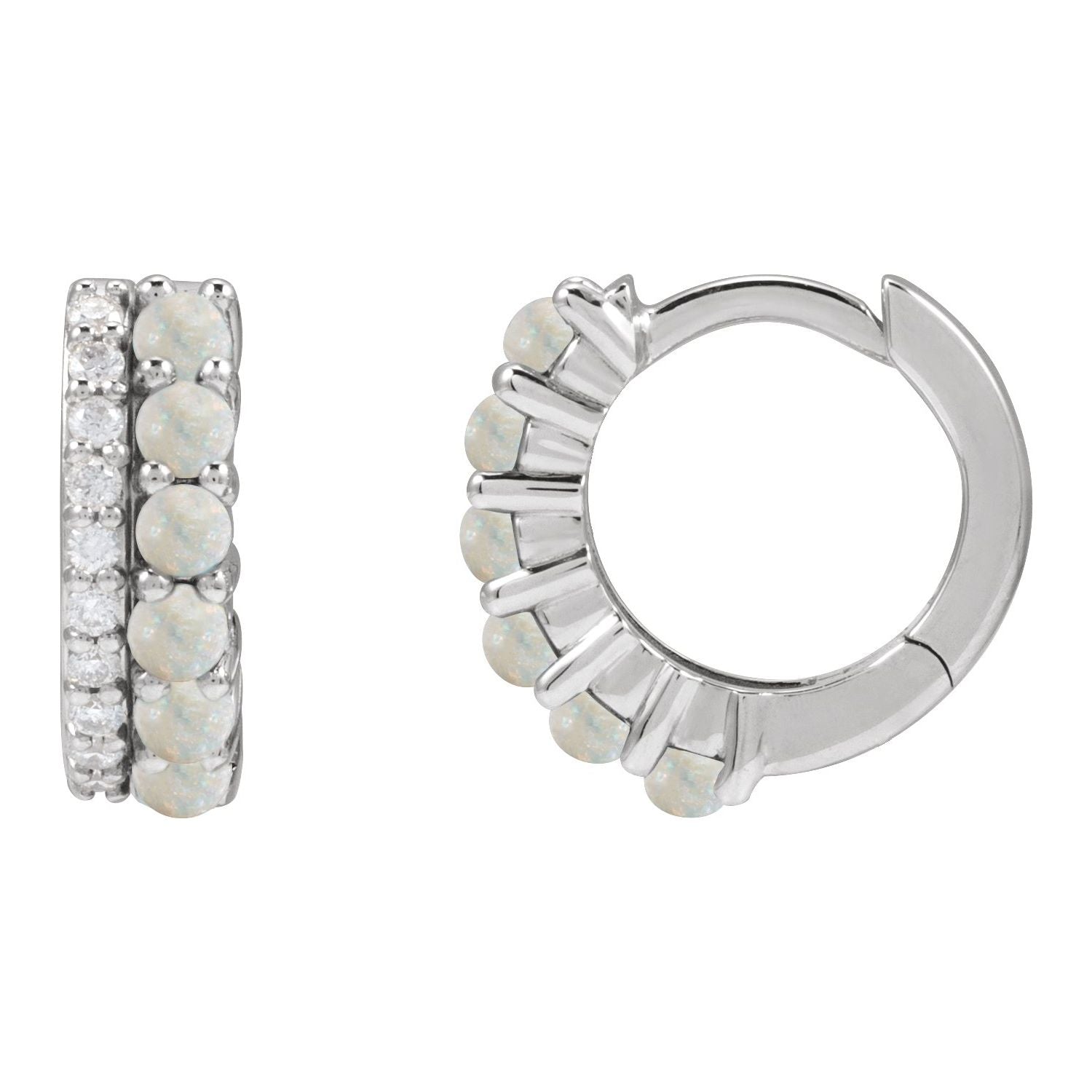 14K White Gold opal round huggie hoop earrings