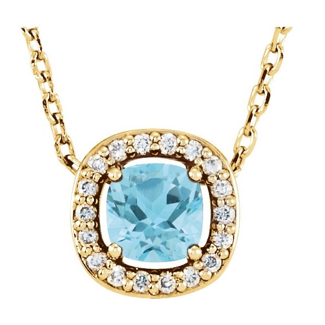 petite sky blue topaz diamond halo necklace in 14k yellow gold