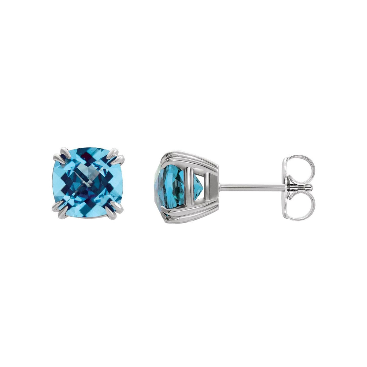 14K White Gold checkerboard cushion Swiss blue topaz stud earrings