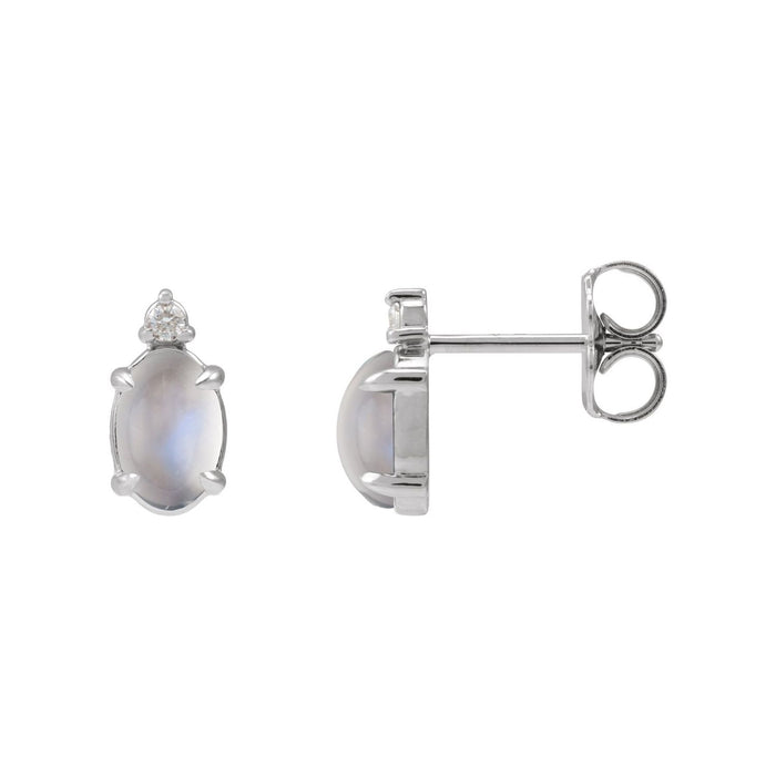 14K White Gold rainbow moonstone oval cabochon diamond earrings