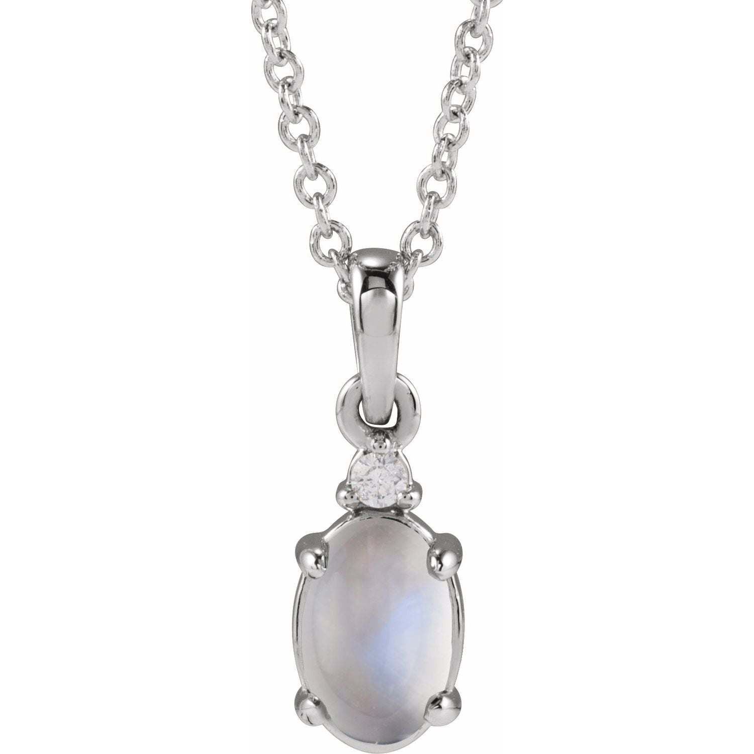 14K White Gold 6x4mm Rainbow Moonstone Cabochon & Diamond Necklace