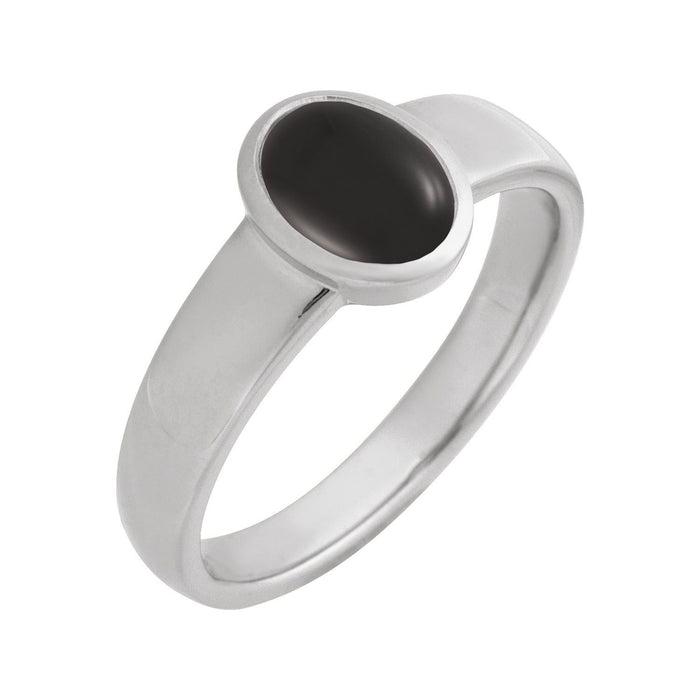 Black Onyx Signet Cabochon Ring in 14K White Gold - natural black onyx