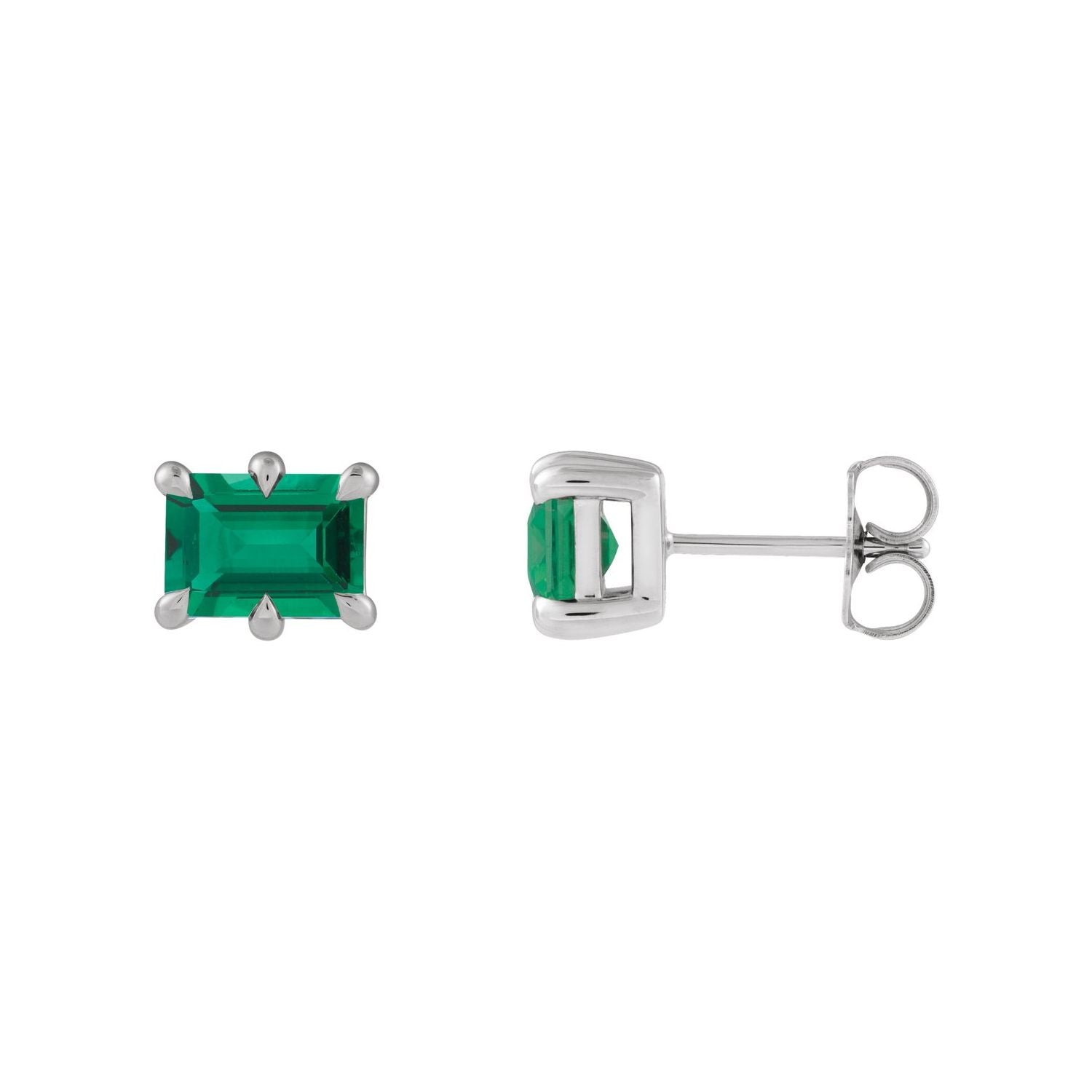 14K White Gold claw-prong emerald-cut lab-grown emerald stud earrings