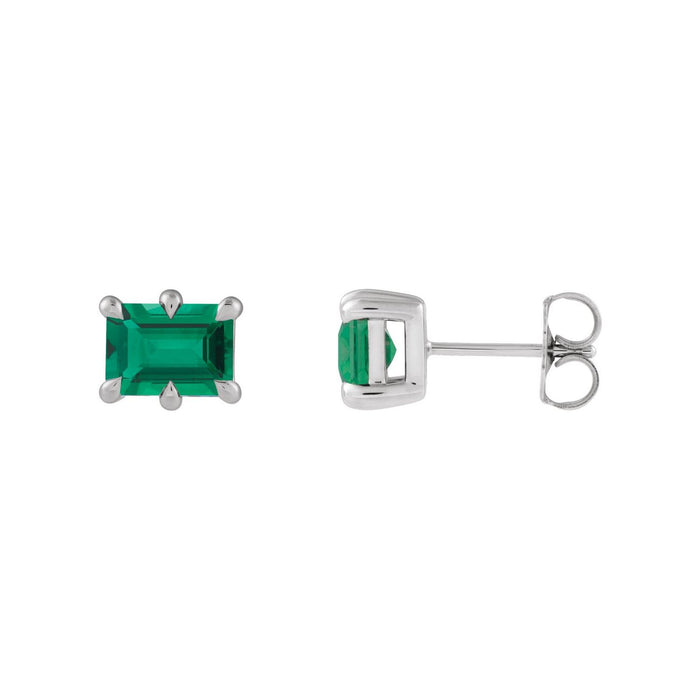 14K White Gold claw-prong emerald-cut lab-grown emerald stud earrings