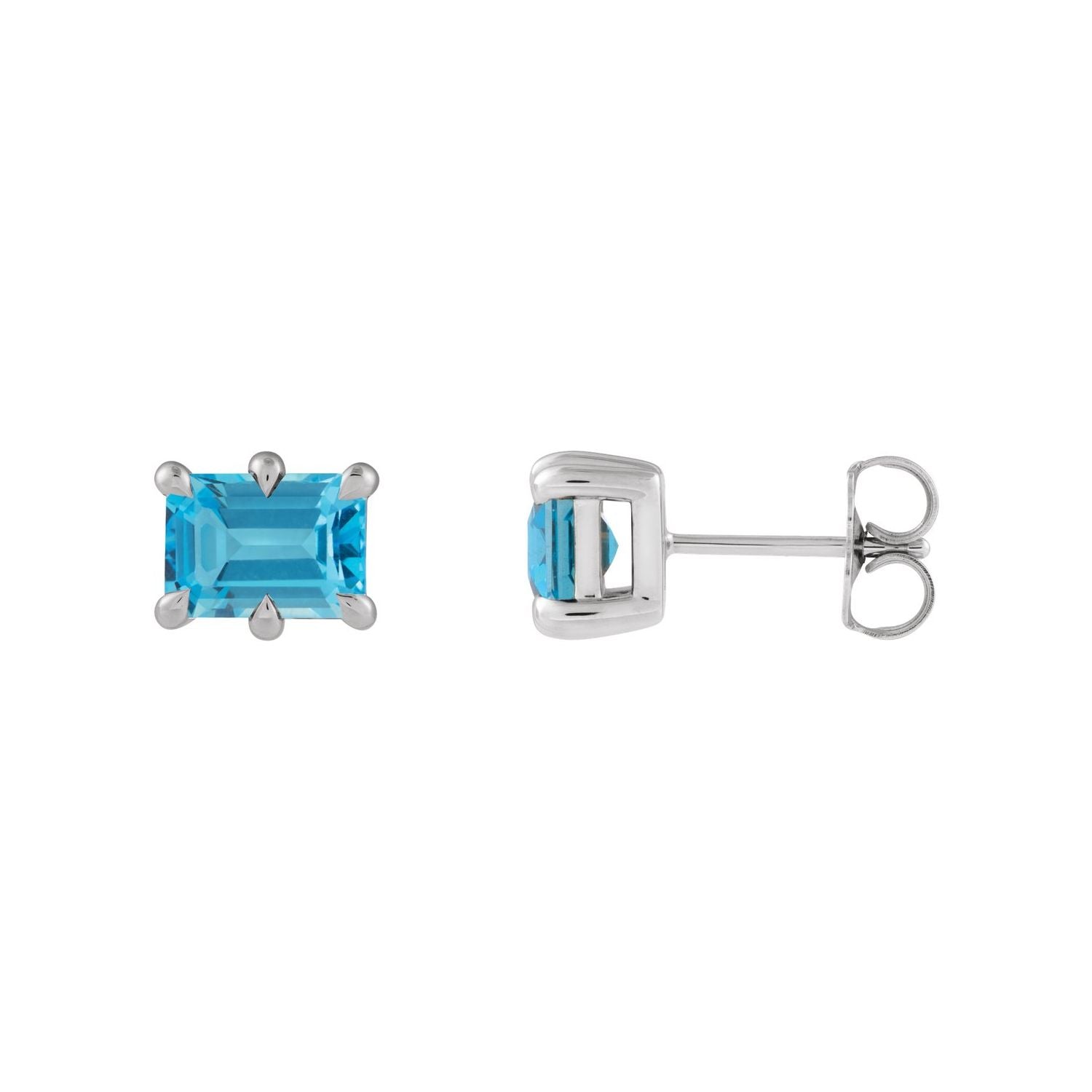 14K White Gold emerald-cut Swiss blue topaz stud earrings