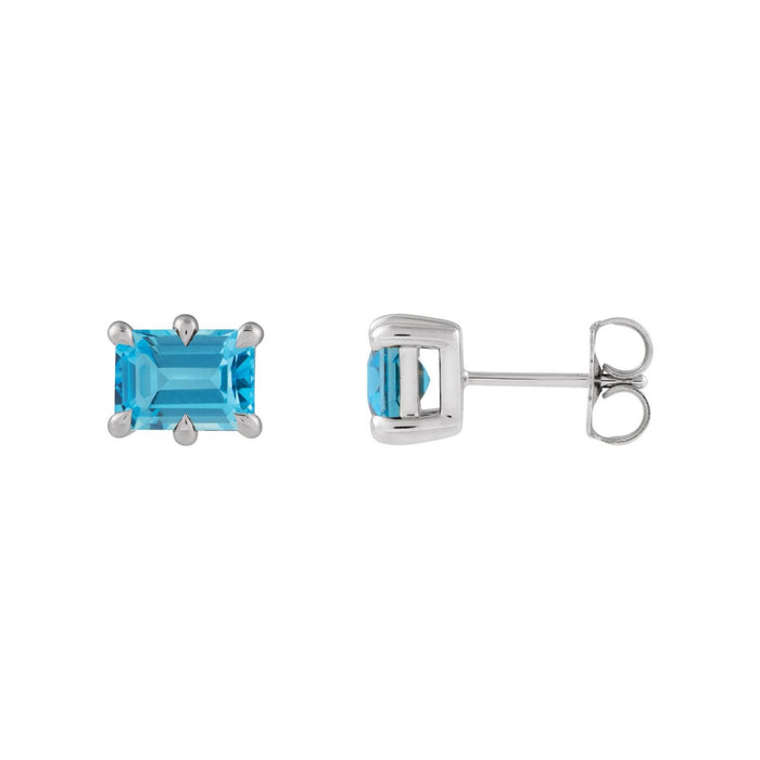 14K White Gold emerald-cut Swiss blue topaz stud earrings