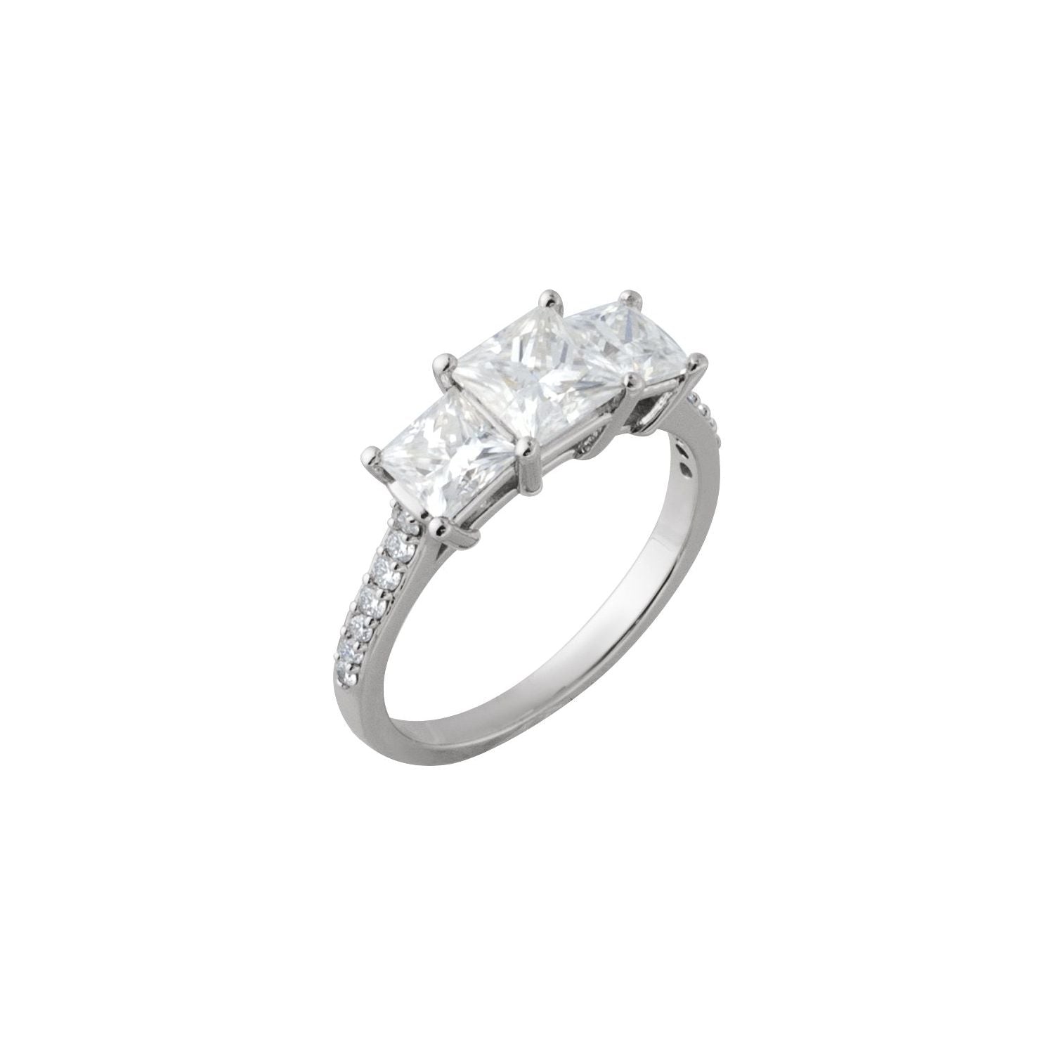 Princess-cut lab-grown diamond three-stone cathedral engagement ring in white gold