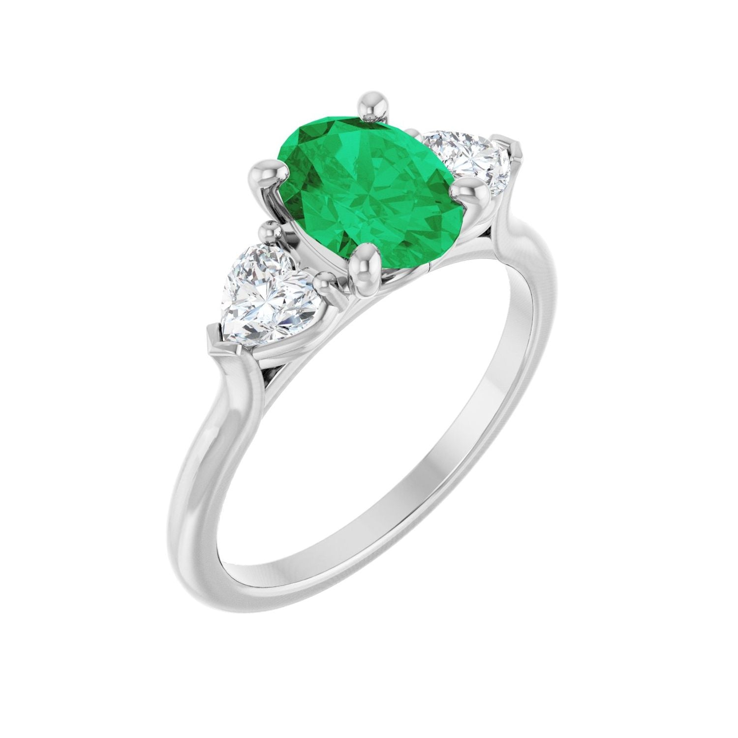 Oval Emerald Three-Stone Tapered Engagement Ring in 14K White Gold