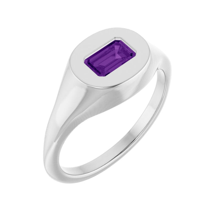 Emerald-Cut Amethyst Signet Ring in 14K White Gold