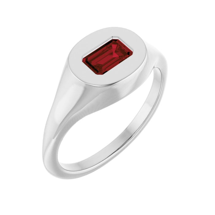 Emerald-Cut Garnet Signet Ring in 14K White Gold