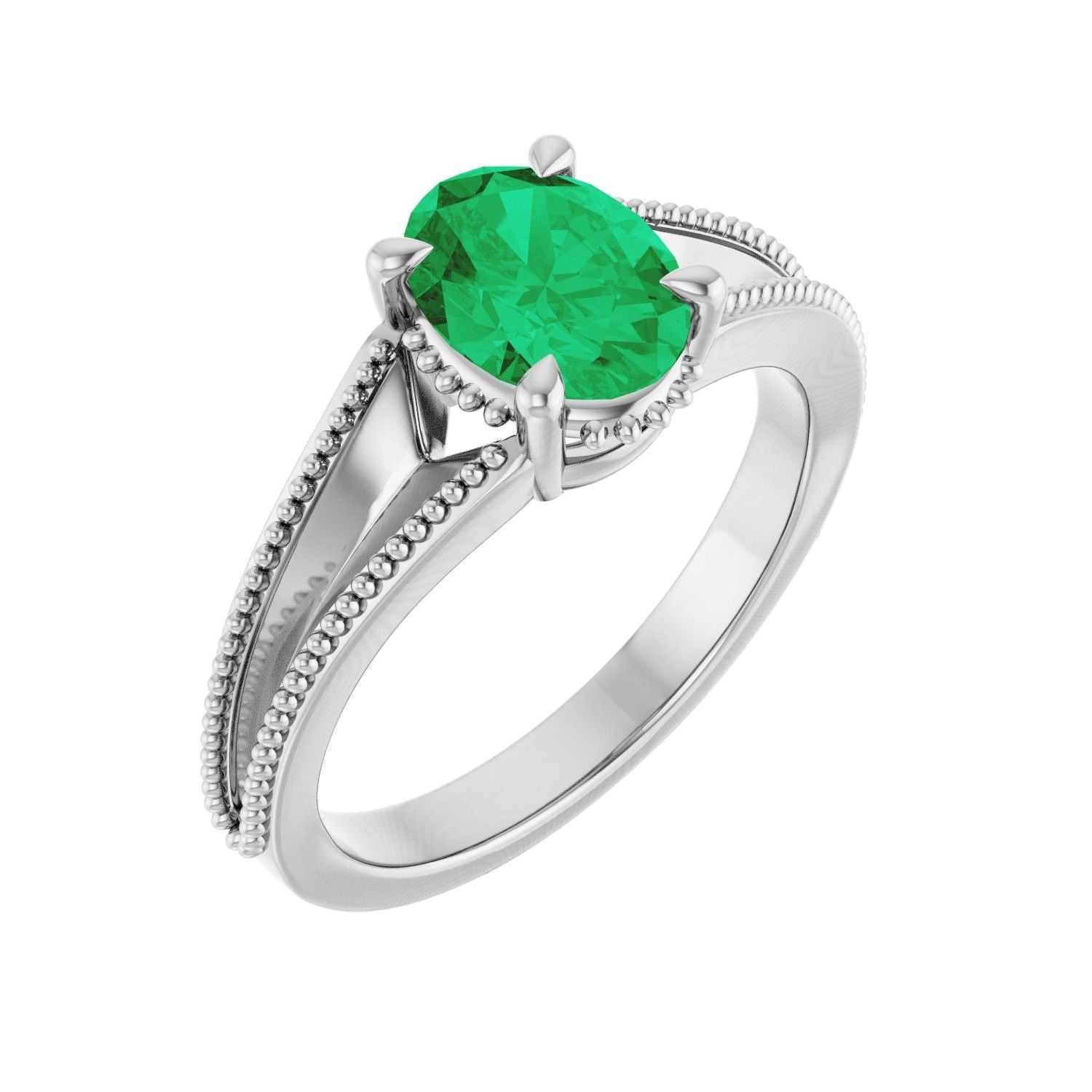 Oval Emerald Claw-Prong Solitaire Signature Engagement Ring in 14K White Gold