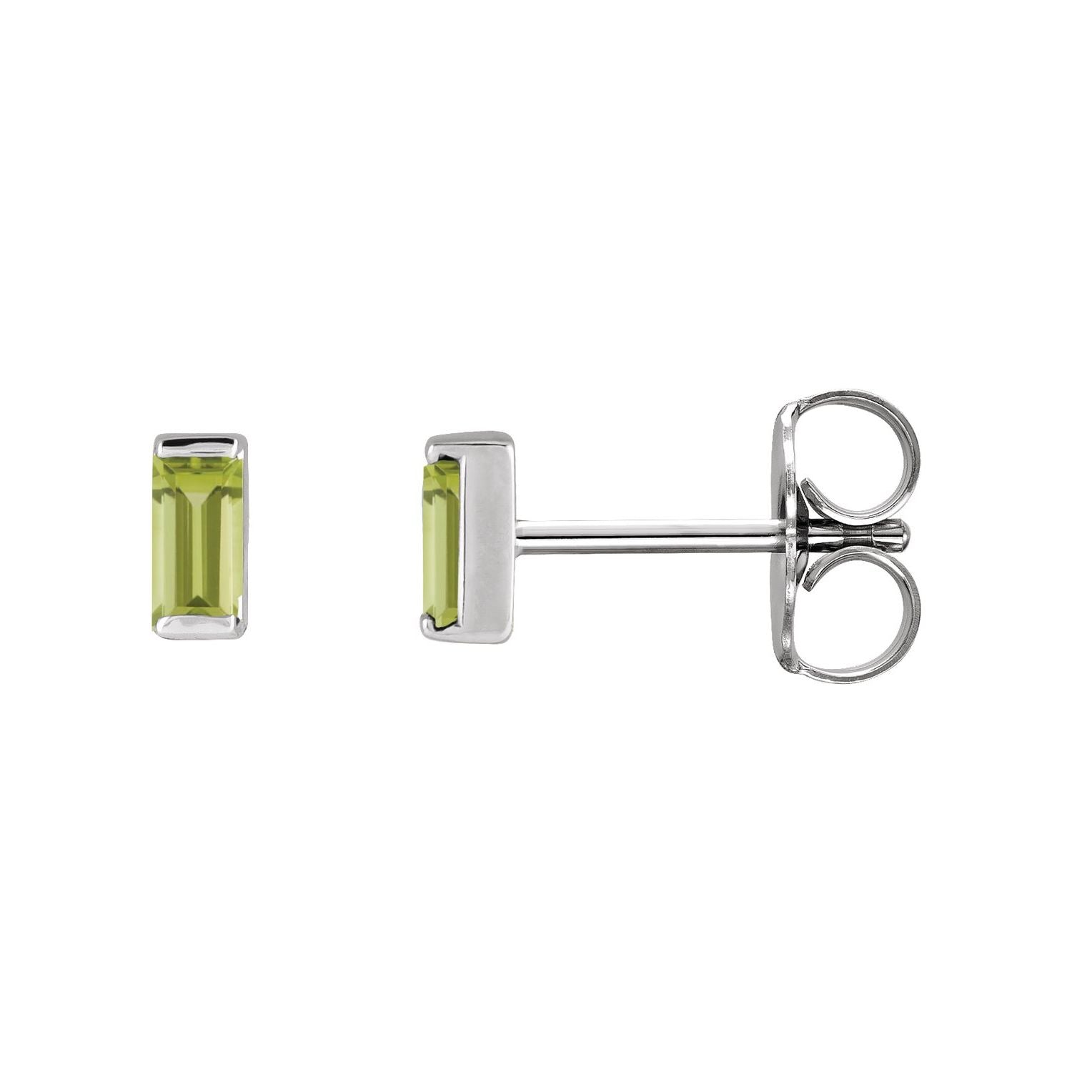 14K White Gold or Platinum straight baguette natural peridot channel-set stud earrings (4x2 mm)