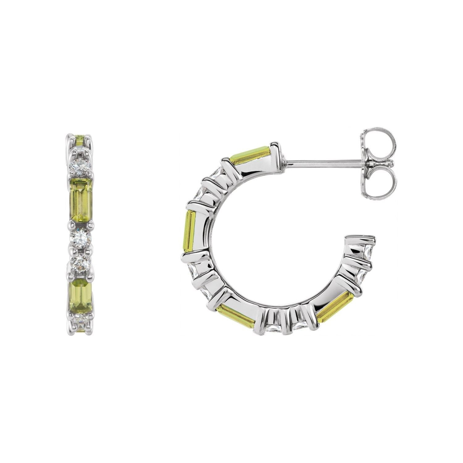 14K White Gold or Platinum straight baguette natural peridot and diamond hoop earrings (17.2 mm)