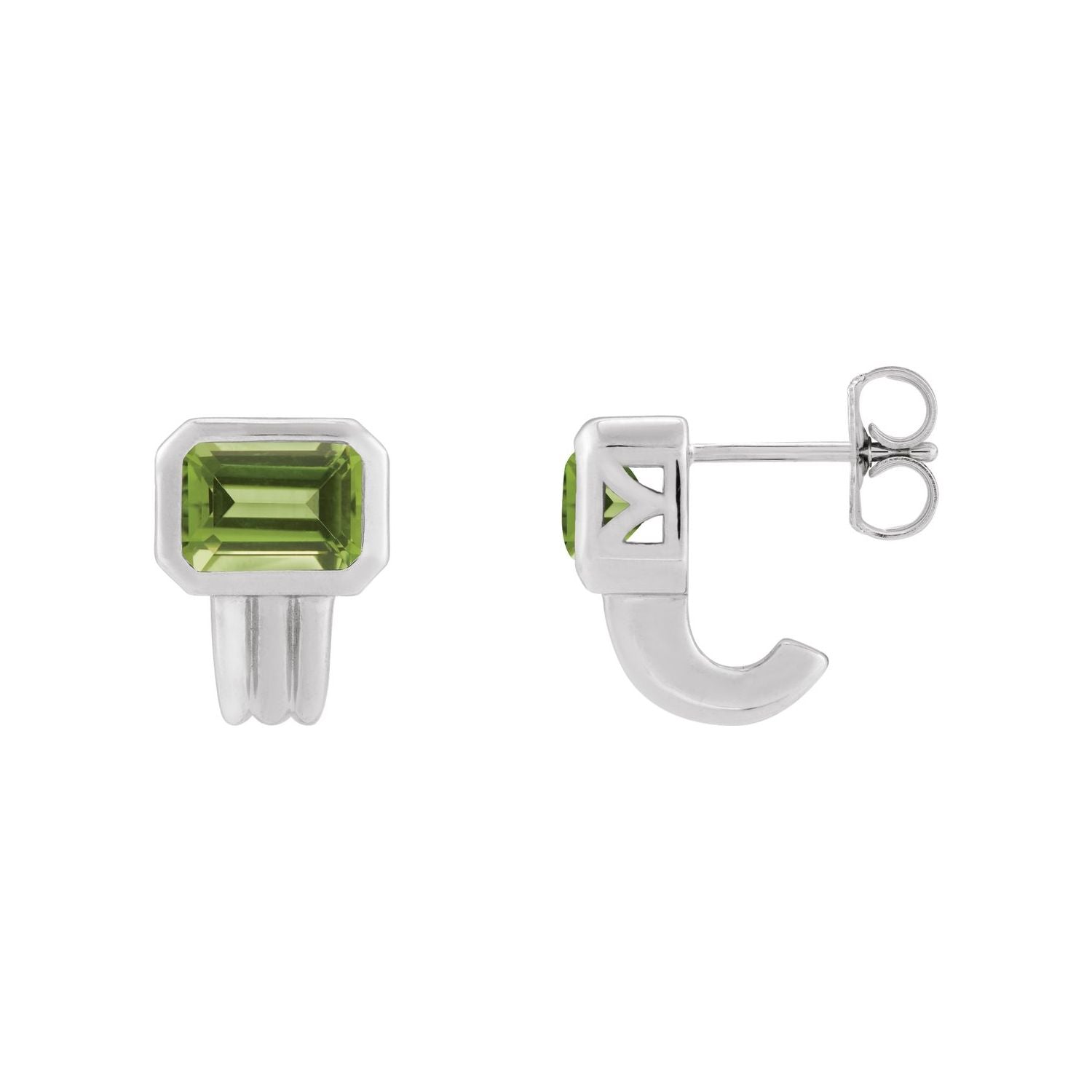 14K White Gold or Platinum emerald-cut natural peridot J-hoop earrings (7x5 mm)