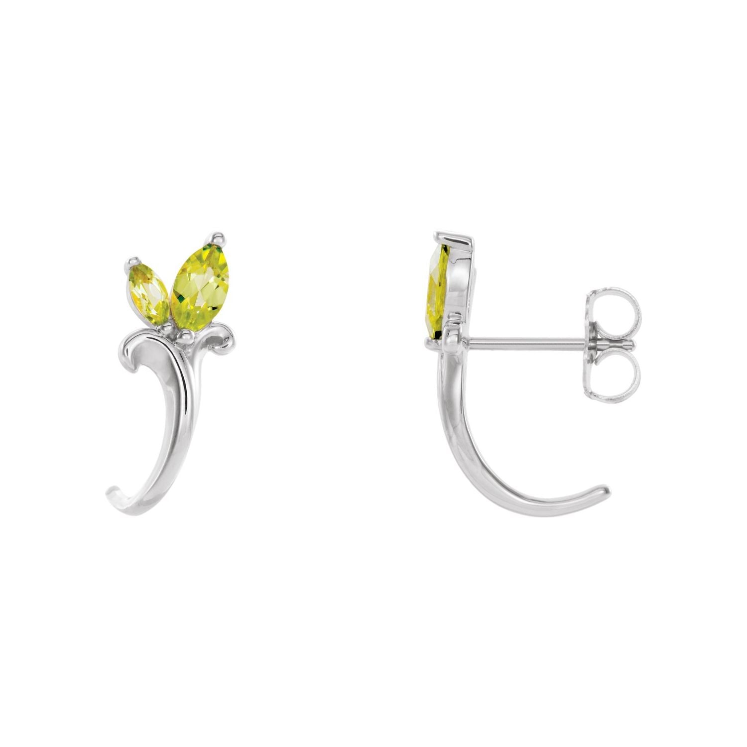 14K White Gold or Platinum marquise natural peridot floral J-hoop earrings