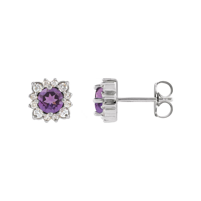 14K White Gold or Platinum round natural amethyst 1/2 ct diamond halo earrings