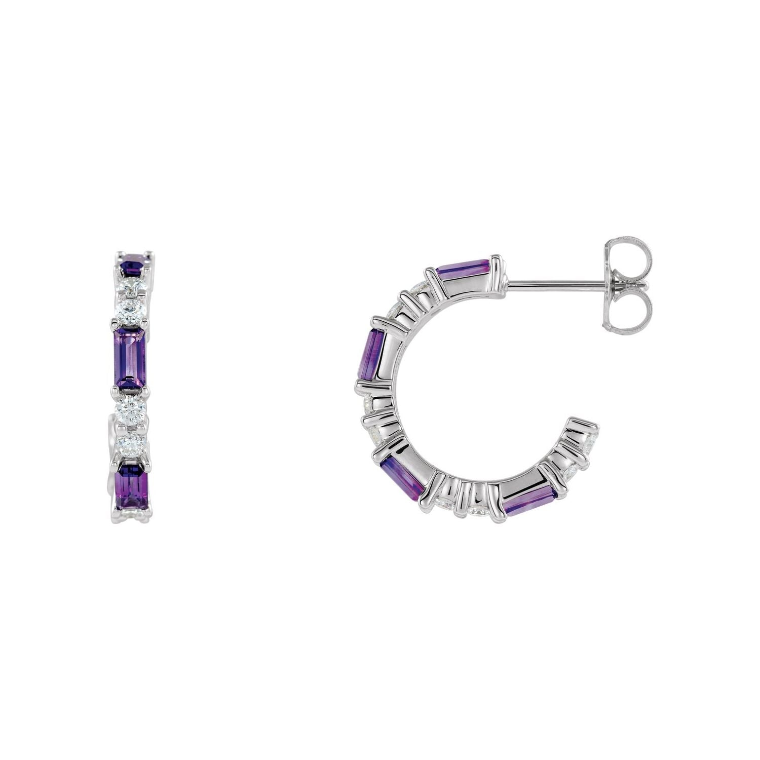 14K White Gold or Platinum baguette natural amethyst 1/2 ct diamond hoop earrings