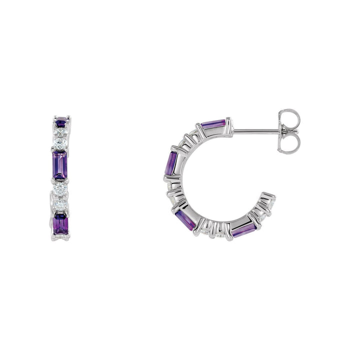 14K White Gold or Platinum baguette natural amethyst 1/2 ct diamond hoop earrings