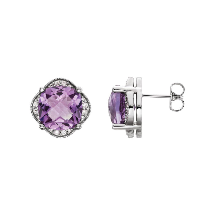 14K White Gold or Platinum cushion natural amethyst 1/5 ct diamond checkerboard earrings