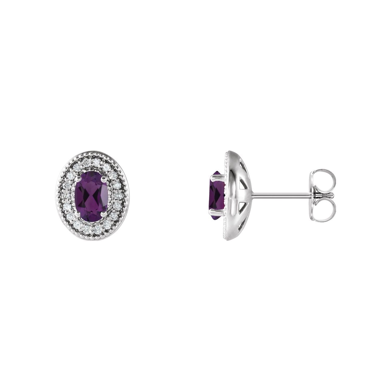 14K White Gold or Platinum oval natural amethyst 1/5 ct diamond halo earrings
