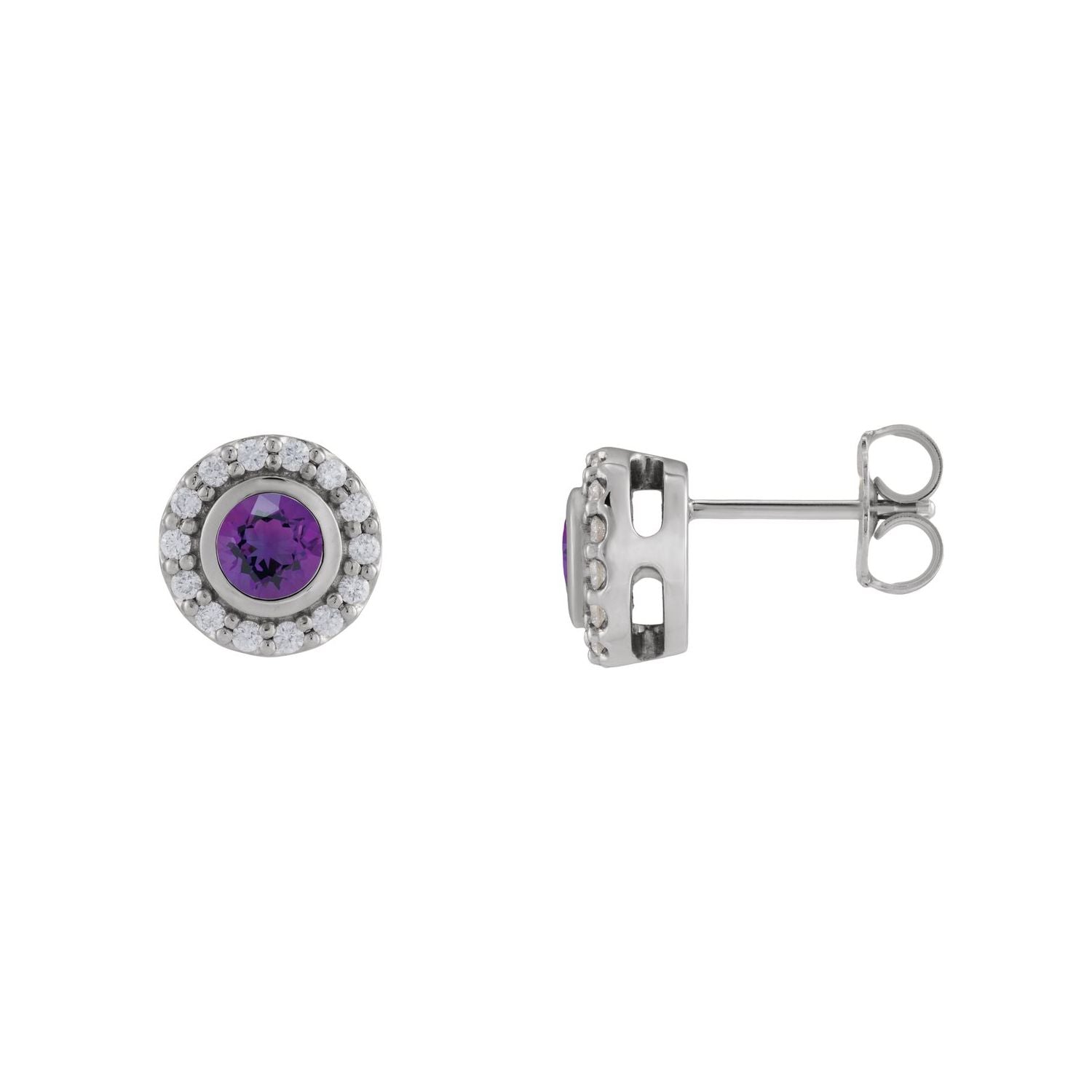14K White Gold or Platinum round natural amethyst 1/5 ct diamond halo stud earrings