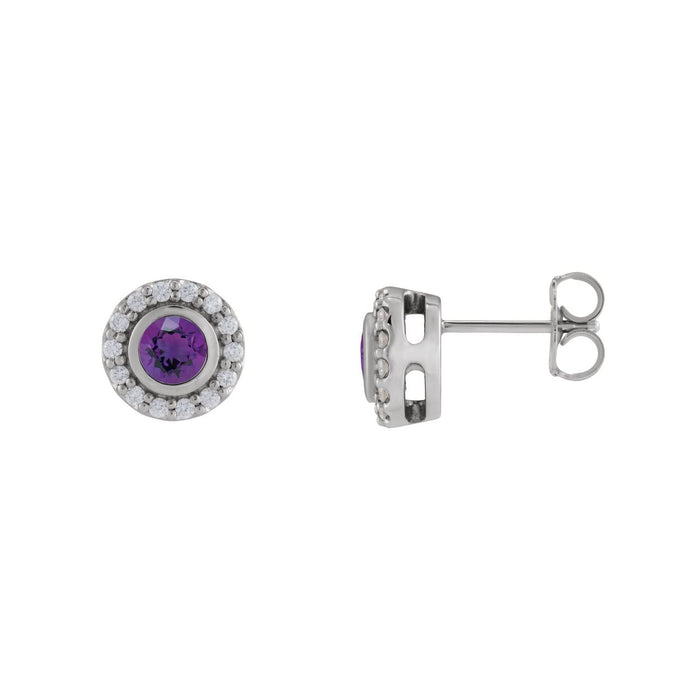 14K White Gold or Platinum round natural amethyst 1/5 ct diamond halo stud earrings