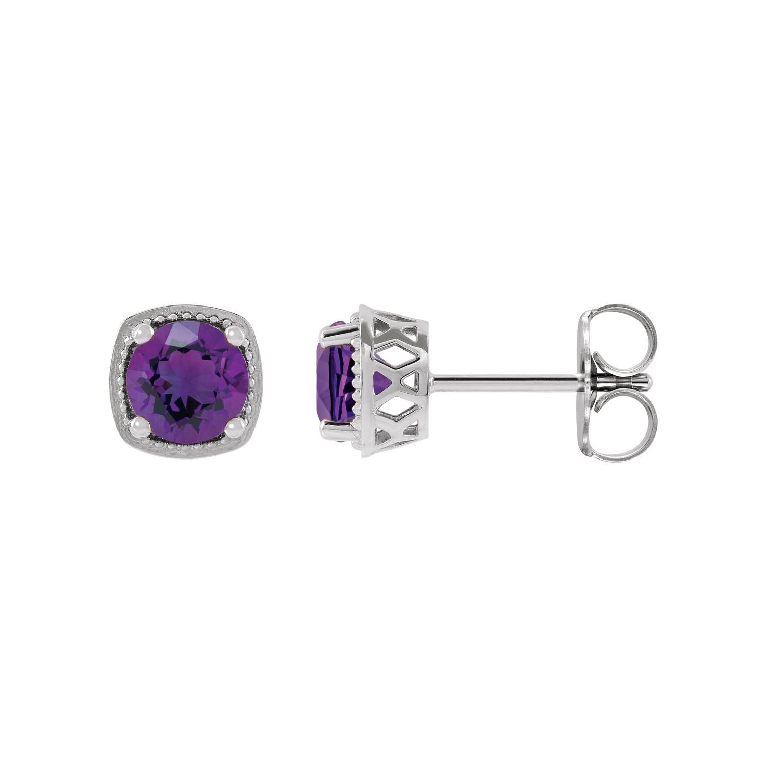 14K White Gold round natural amethyst 5 mm bead-set cushion-frame stud earrings