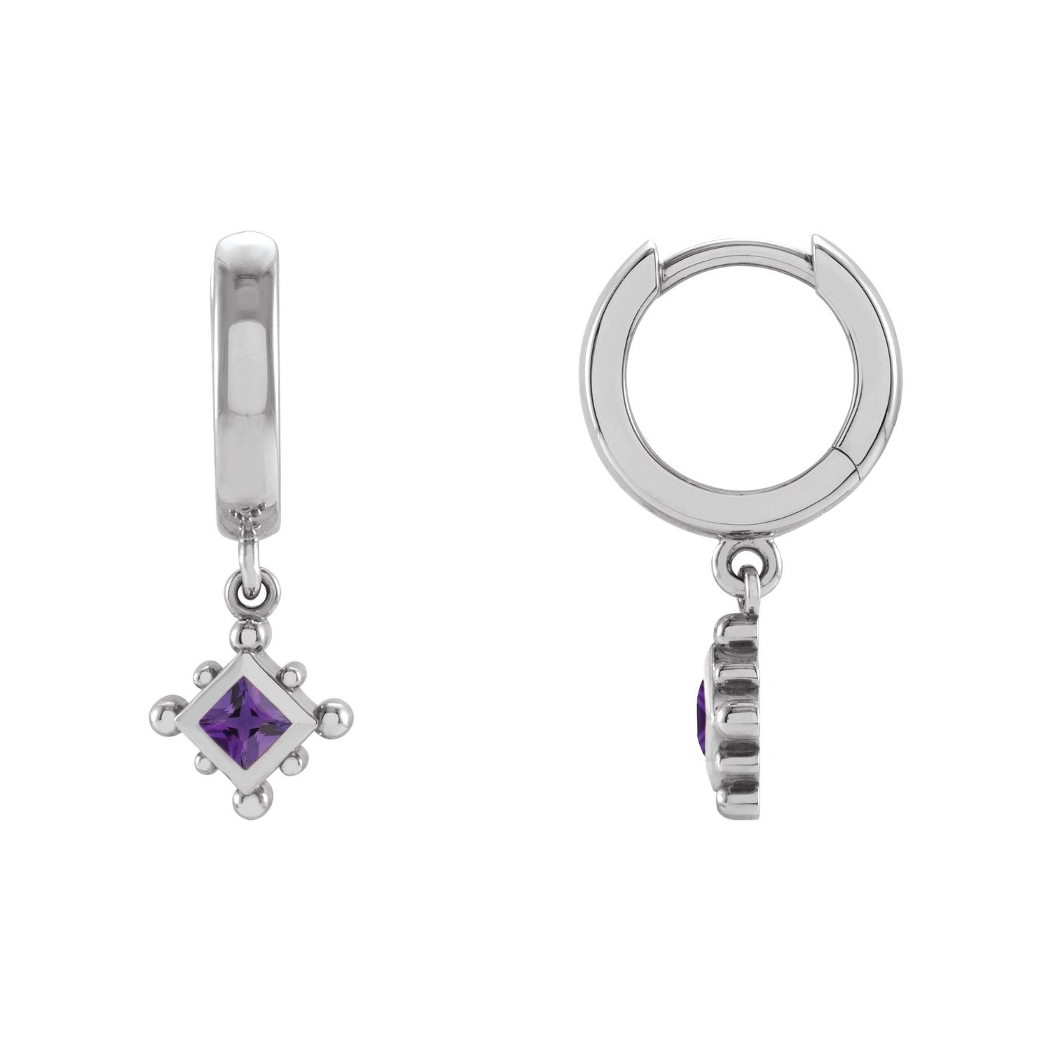 14K White Gold or Platinum square natural amethyst beaded bezel dangle hoop earrings
