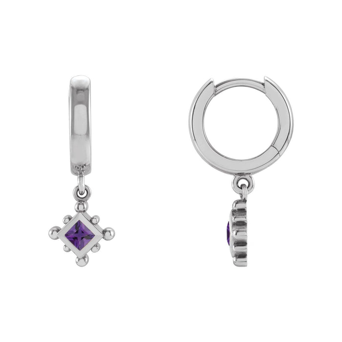 14K White Gold or Platinum square natural amethyst beaded bezel dangle hoop earrings