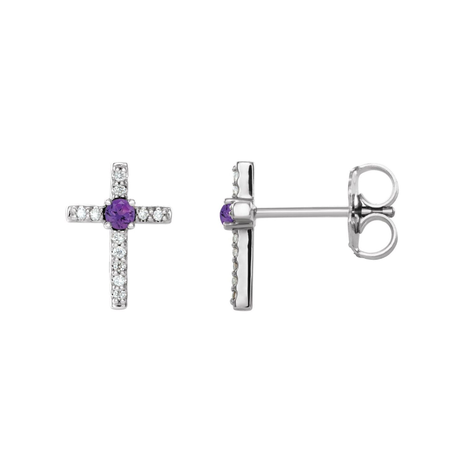 14K White Gold or Platinum round natural amethyst and diamond cross earrings
