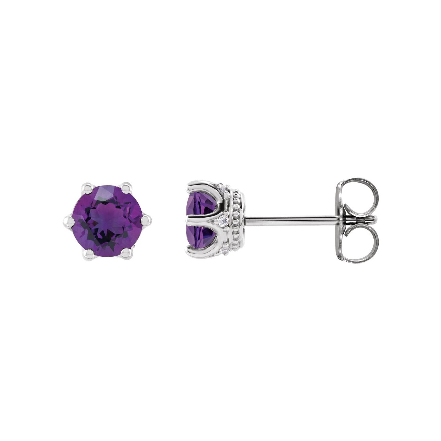 14K White Gold or Platinum round natural amethyst crown stud earrings