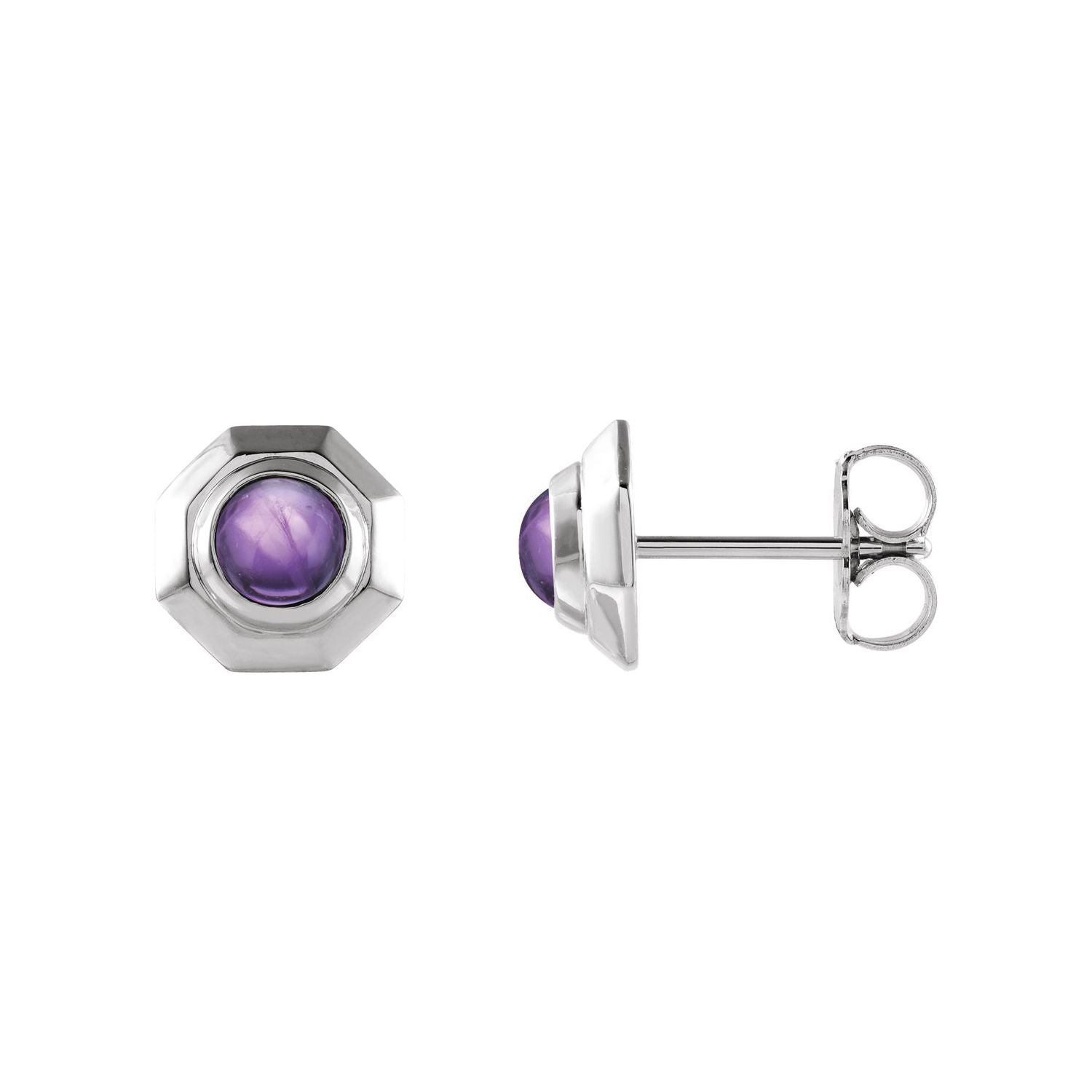 14K White Gold or Platinum cabochon natural amethyst geometric bezel stud earrings