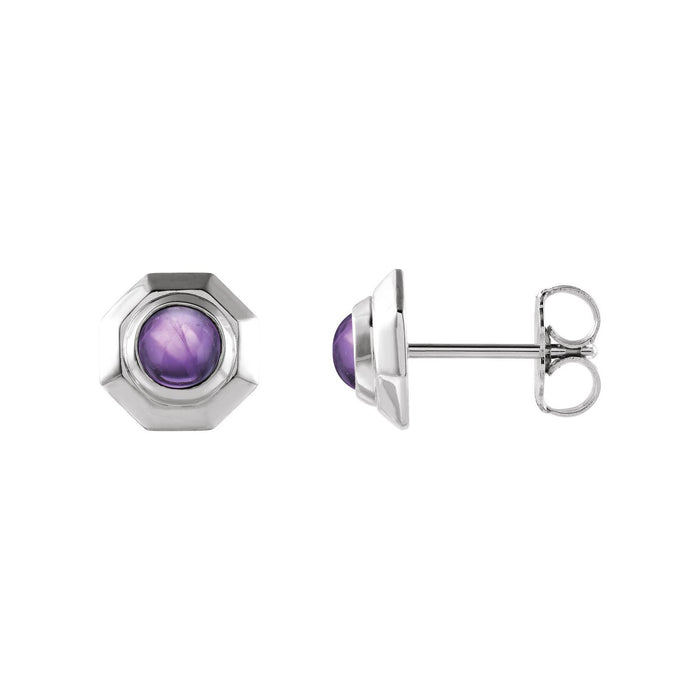 14K White Gold or Platinum cabochon natural amethyst geometric bezel stud earrings