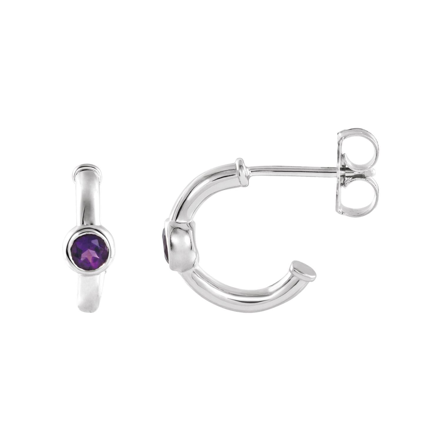 14K White Gold round natural amethyst J-hoop earrings